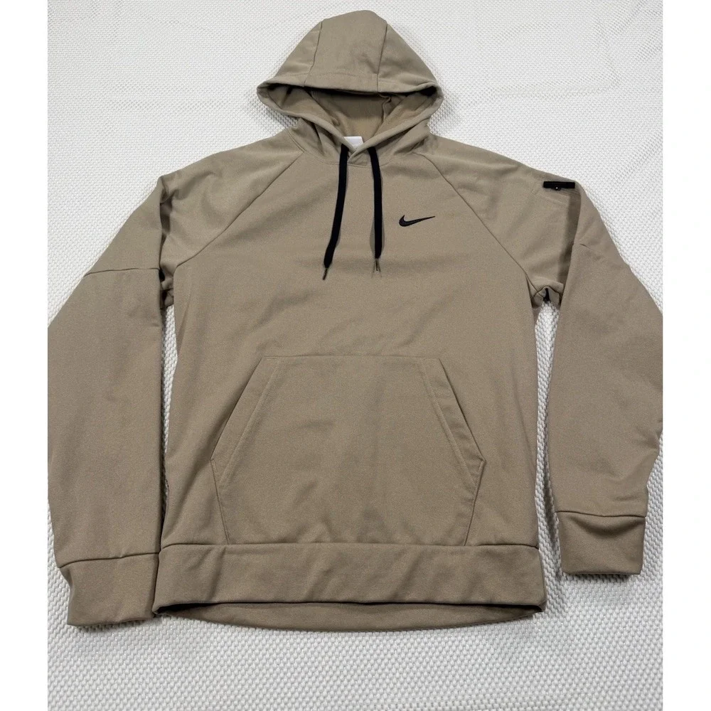 Nike Therma-FIT Hoodie Men's Small Tan Pullover Fleece Swoosh Pocket Sweatshirt